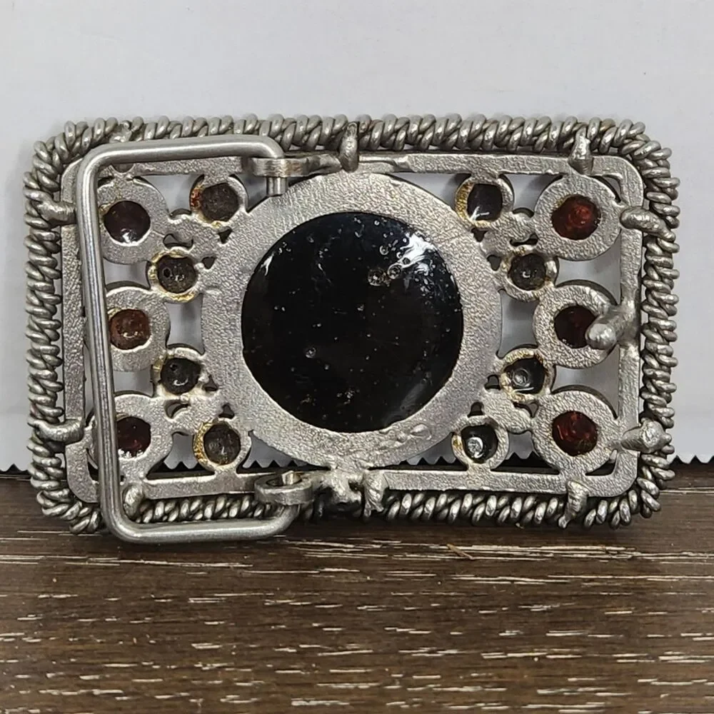 Vintage Rhinestone Black Enamel Inlay Shriners Masonic Silver Tone Belt Buckle